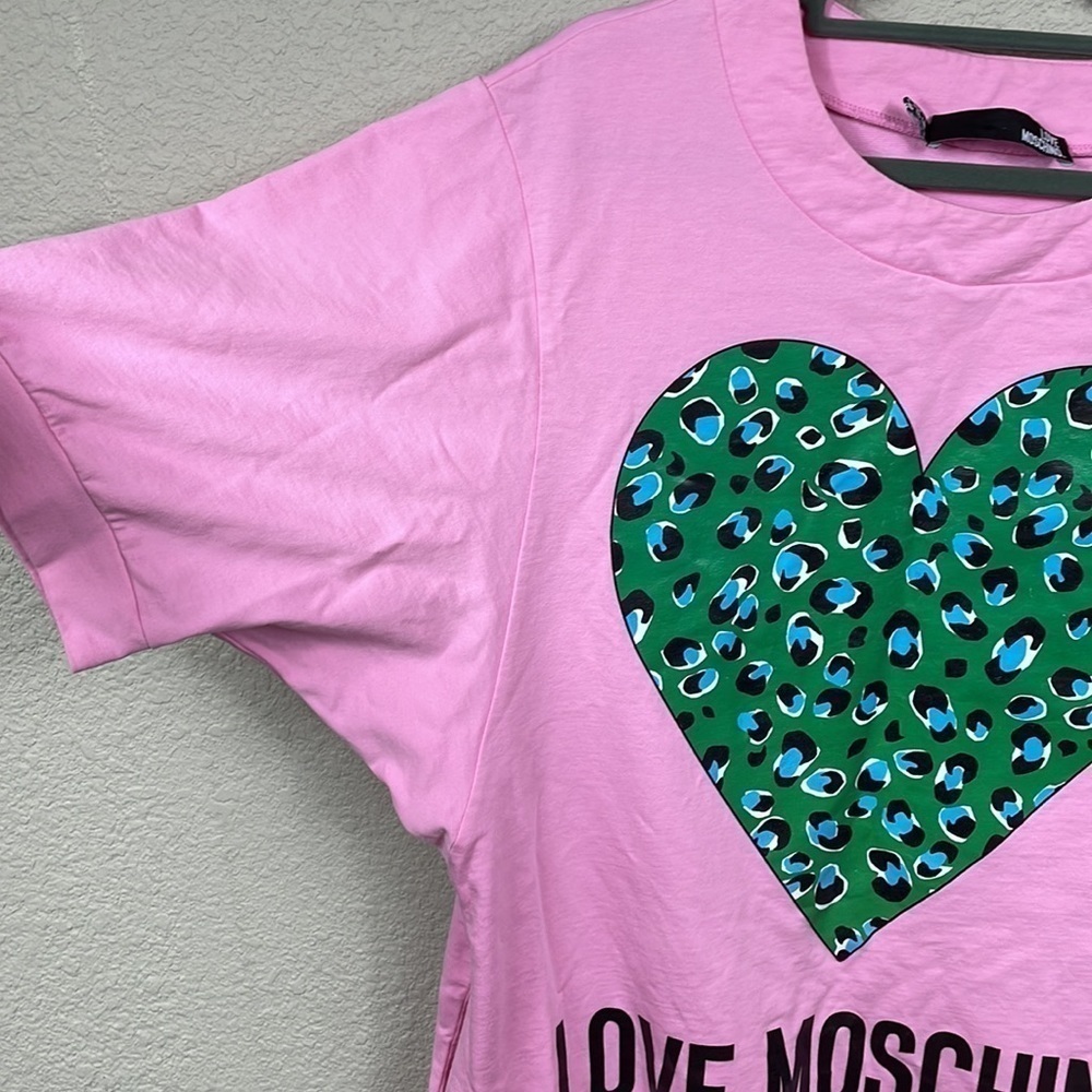 Love Moschino Abito Logo Tee T Shirt Dress in Pink Animal Print Heart Sz 4 - Picture 7 of 14